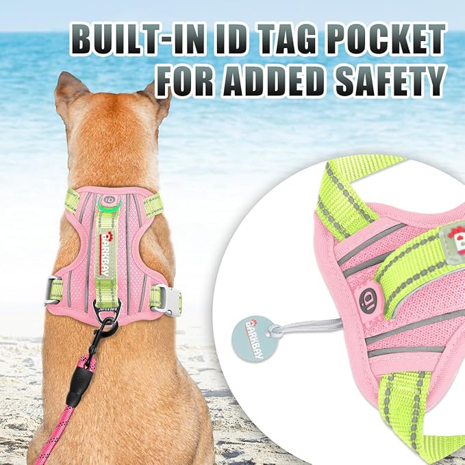 BARKBAY No Pull Dog Harness Large Reflective Dog Harness with Front Clip and Easy Control Handle for Walking Training Running with ID tag Pocket(Baby Pink & Sunlight,S)