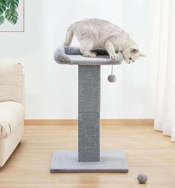 Made4Pets Cat Scratching Post with Bed, 32'' Modern Cat Scratcher with Top Plush Cat Bed, Tall Cat Scratch Post for Indoor Cats, Heavy-Duty Carpet Scratching Post with Hanging Ball Toy, Grey