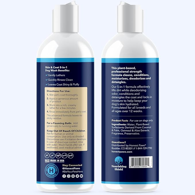 Honest Paws Dog Shampoo and Conditioner - Premium Dog Wash for Allergies Dry, Itchy, Moisturizing for Sensitive Skin - Sulfate Free Plant Based All Natural - Lightly Scented w/Odor Control -16 Fl Oz