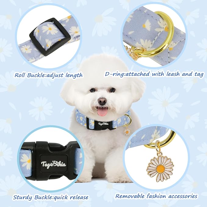 Dog Collar with Daisy Patterns, Spring Summer Collection Blue Dog Collar with Exquisite Pendant, Durable Adjustable Collars for Gifts & Daily Use-L