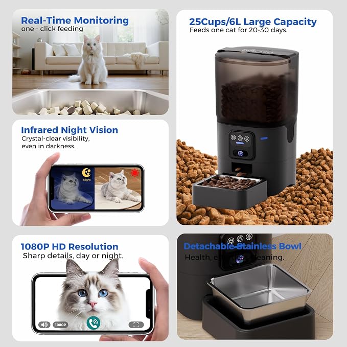 PAPIFEED Automatic Cat Feeder with Camera, 1080P HD & Night Vision, 6L Cat Food Dispenser with App, 5G WiFi Timed Cat Feeder for Dry Food, 2-Way Audio, Smart Pet Feeder for Dog, 1-10 Meals/Day, Black