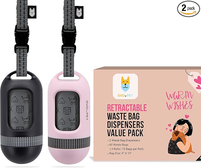SVD.PET [2-Pack] Retractable Waste Bag Dispensers Gift Set, 2 Pet Waste Bag Holders with 60 large Waste Bags, Dog Walking Accessory Gift Value Pack (Black & Primrose Pink)