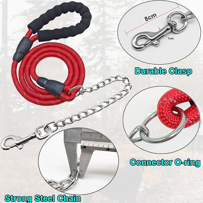 BTINESFUL 6FT Chewproof Dog Leash, Strong Nylon Rope with Anti-Chewing Chain and Padded Handle for Medium Large Dogs Outdoor Training Walking Hiking (red)