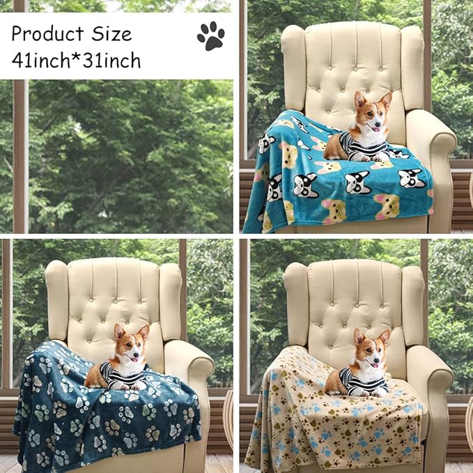 Rezutan 1 Pack 3 Premium Blankets for Large & Medium Dogs - Super Soft Fluffy Pet Blanket Throw for Puppies & Cats, Navy Blue Paw Blanket Suitable for Dog Kennel Crate Bed(41x31 Inch)
