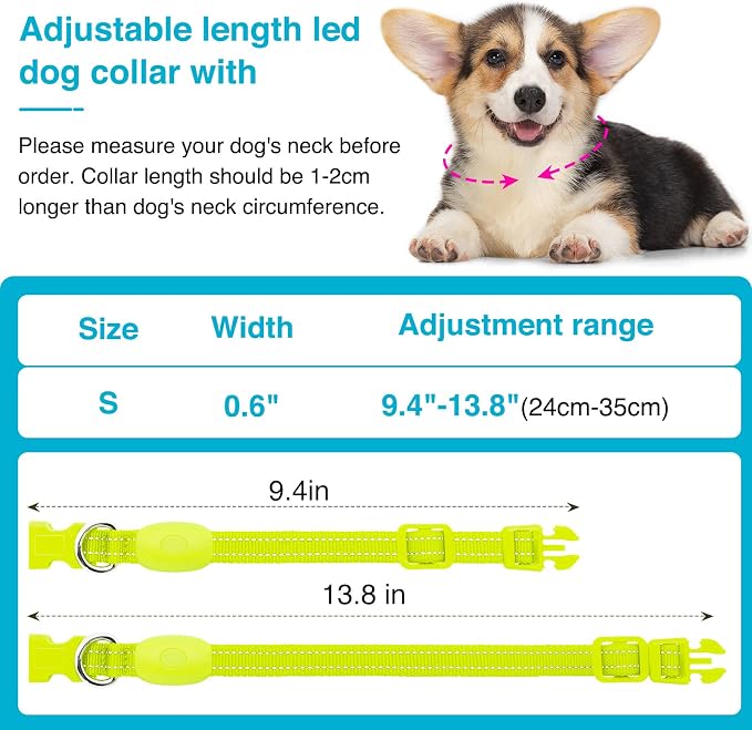 Light Up Dog Collar, Rechargeable USB Collar, Waterproof, Luminous LED Collar, Adjustable, Super Bright, Night Walking for Small Medium Large Dogs, Green, S