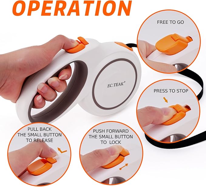 Retractable Dog Leash, 16 FT/26 FT Dog Leash Retractable for Small/Medium/Large Dogs up to 110 lbs, Strong Nylon Tape, Tangle Free, One-Hand Brake (White/Orange, Large)
