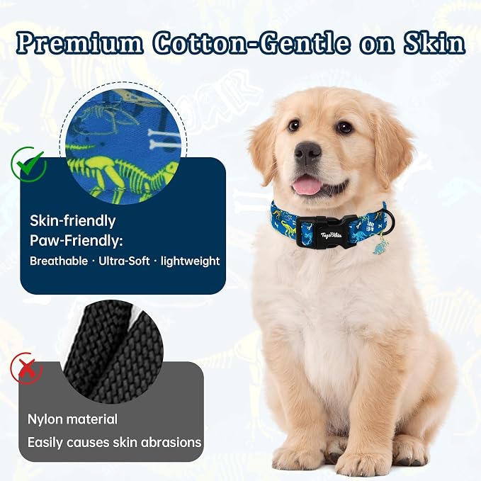 Dinosaur Dog Collar, Cute Boy Dog Collars for Small Medium Large Dogs, Blue with Dino Skeleton Print Soft Cotton Adjustable Puppy Collar, Male Dogs Pet Collar for Gifts & Daily Use-XS