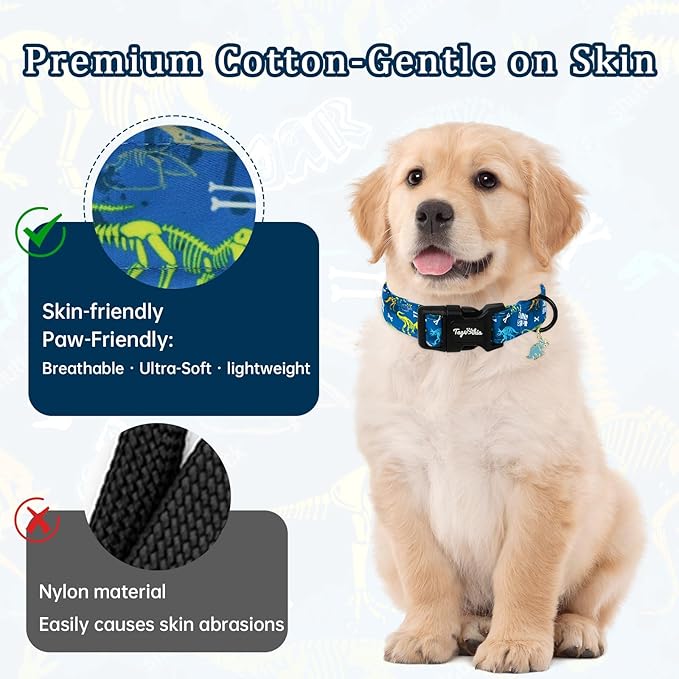 Dinosaur Dog Collar, Cute Boy Dog Collars for Small Medium Large Dogs, Blue with Dino Skeleton Print Soft Cotton Adjustable Puppy Collar, Male Dogs Pet Collar for Gifts & Daily Use-M
