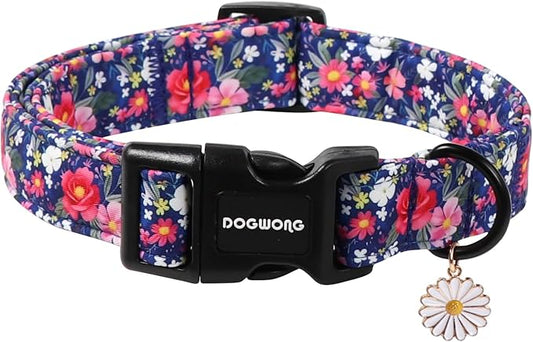 DOGWONG Blue Flower Dog Collar, Cute Adjustable Floral Collar, Girl Female Spring Summer Dog Collar with Strong Plastic Buckle for Small Medium Large Dogs,L