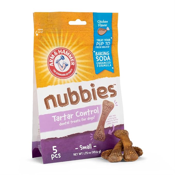 Arm & Hammer for Pets Nubbies Dental Treats Baking Soda Calcium Nubbed Texture Scrubs Plaque Tartar Chicken Flavor Freshens Breath Daily Oral Care 5 Count 1.75 OZ Trial Size for Dogs Daily Routine