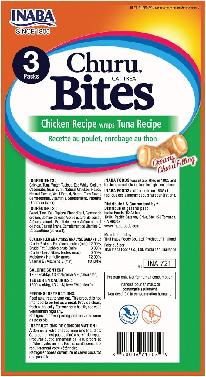 INABA Churu Bites for Cats, Soft/Chewy Baked Chicken Wrapped Churu Filled Cat Treats with Vitamin E, 0.35 Ounces per Tube, 24 Tubes Total (3 Tubes per Pack), Tuna Recipe
