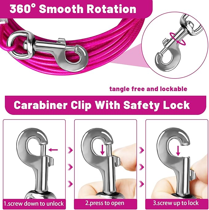 Dog Tie Out Cable 10/15/20/25/30/50 FT Runner for Yard Steel Wire Cable with Durable Superior Clips Pink Dogs Chains for Outside Dog Lead for Large Dogs Up to 165 lbs