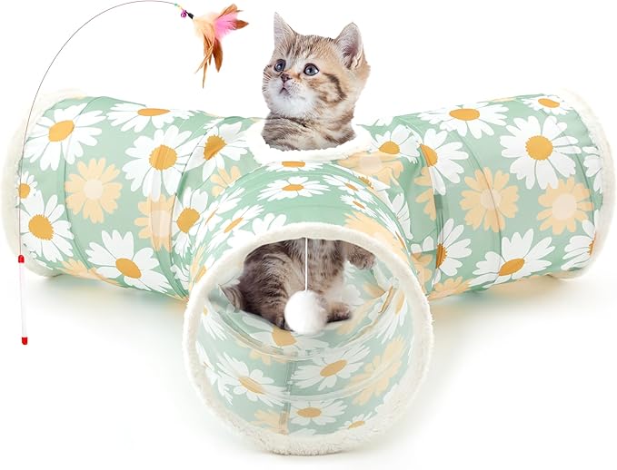 Tempcore Cat Tunnel for Indoor Cats, 3 Way Collapsible Pet Play Tunnel with Teaser Wand, Peek Holes & Hanging Ball, Interactive Tube for Kittens & Rabbits, Daisy Green Printed