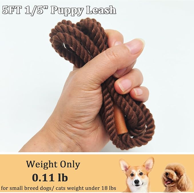5FT Cotton Puppy Leash for Small Dogs - 1/5" Braided Dog Leash Lightweight & Soft Rope for Tiny Breeds/Cats Daily Walks Training, Coffee