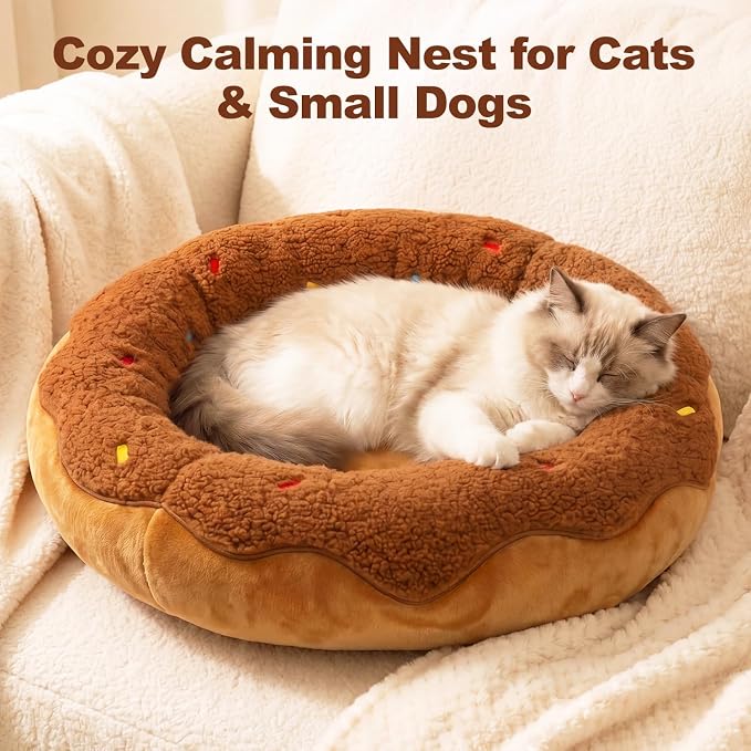 Donut Cat Bed for Indoor Cats, 21" Washable Round Pet Bed for Cats & Small Dogs, Soft Fluffy Plush Calming Bed for Kitten and Puppy with Anti-Slip Base