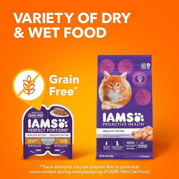 IAMS Perfect Portions Healthy Kitten Grain Free Wet Cat Food Pate,Chicken Recipe,2.6 oz. Easy Peel Twin-Pack Trays (,48 Servings),24 Count (Pack of 2)