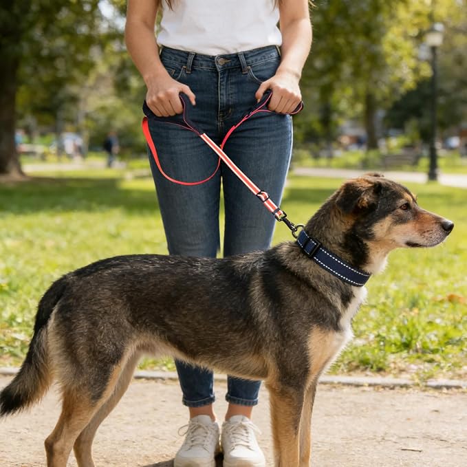 Reflective Double Handle Dog Leash for Large Dogs, Heavy Duty Adjustable Leash with Soft Padded Handles, Traffic Control Training Lead for Walking, Running (Bright Red, 6ft)