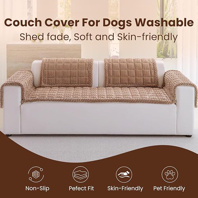 Couch Cover for Dogs Washable, Non-Slip Pet Couch Covers for Sofa, Fuzzy Dog Couch Cover Blanket, Thick, Soft, Plush Couch Cushion Covers for Sofa Protector (Coffee, 27.6" x 27.6"/70 x 70cm)
