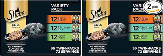 Sheba Perfect Portions Wet Cat Food Cuts in Gravy,Roasted Chicken Entree,with Sustainable Tuna,Tender Turkey Entree,2.6 oz. Twin-Pack Trays (,72 Servings),36 Count (Pack of 2)