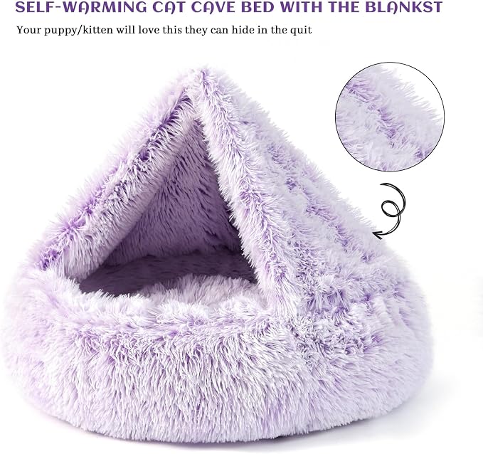 Calming Donut Dog Bed with Hooded Blanket – Plush Fluffy Cave Bed for Small & Medium Dogs, Machine Washable Anti-Anxiety Pet Bed for Cats