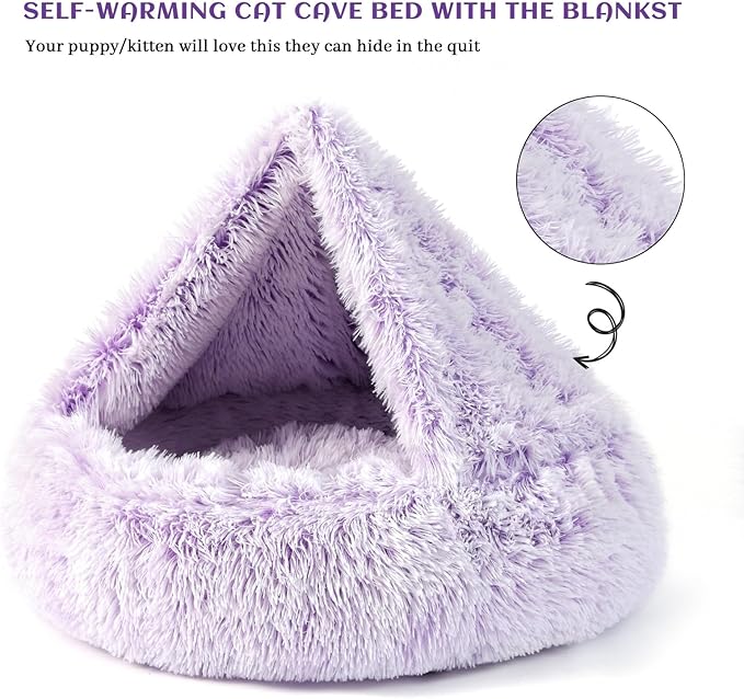 Calming Donut Dog Bed with Hooded Blanket – Plush Fluffy Cave Bed for Small & Medium Dogs, Machine Washable Anti-Anxiety Pet Bed for Cats