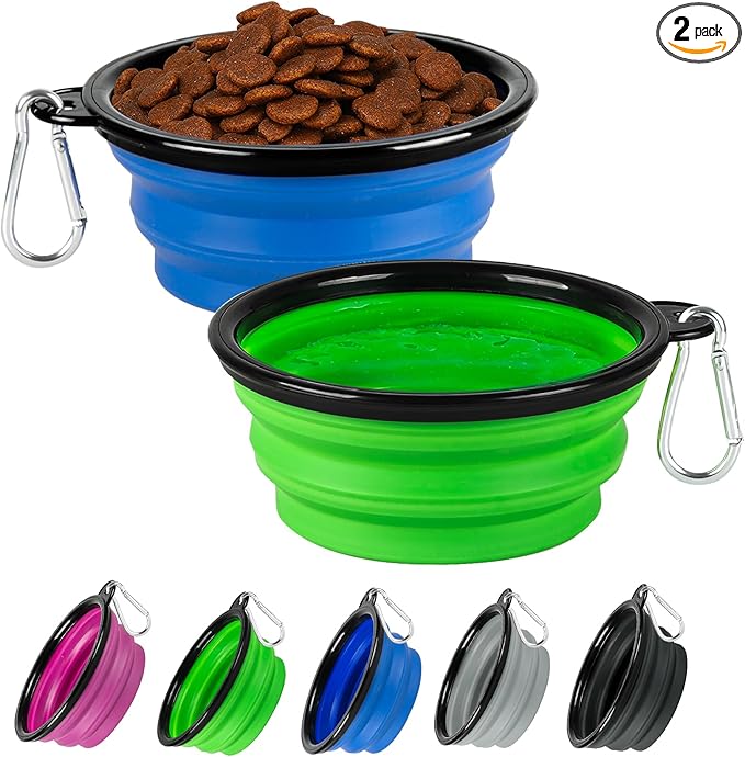 Collapsible Dog Bowls for Travel, 2-Pack Dog Portable Water Bowl for Dogs Cats Pet Foldable Feeding Watering Dish for Parking Camping Walking with 2 Carabiners Clip (12oz, Small, Blue+Green)