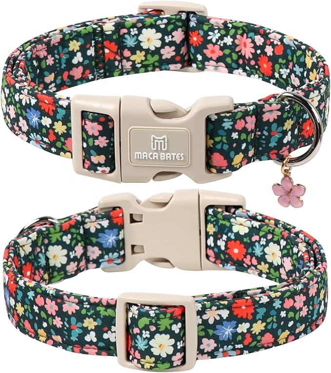 Maca Bates Spring Flower Basic Dog Collar with Blossom Charm for Small Girl Boy Dogs, Dark Green Floral Pattern,Pretty Adjustable Durable Soft Flowers Collars Gift for Male Female Puppy