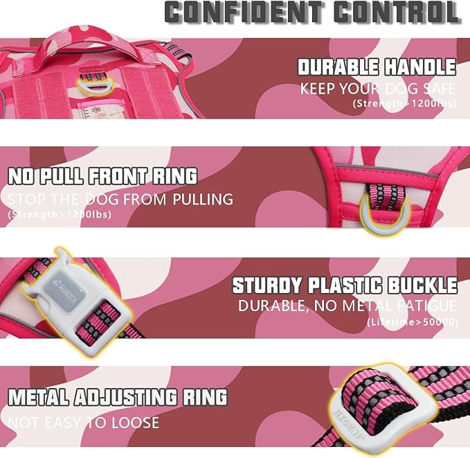 AUROTH Tactical Dog Harness for Large Dogs No Pull Adjustable Pet Harness Reflective Working Training Easy Control Pet Vest Military Service Dog Harnesses Pink Camo XXL