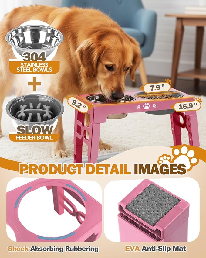 Jovrun Elevated Dog Bowls for Medium Large Dogs with Mat, Non-Slip Dog Feeder with 1*Stainless Steel Dishes & 1*Slow Feeder Bowl, 5 Heights Adjustable Raised Bowls for 3.15″-8.66″-9.84″-11.02″-12.2″