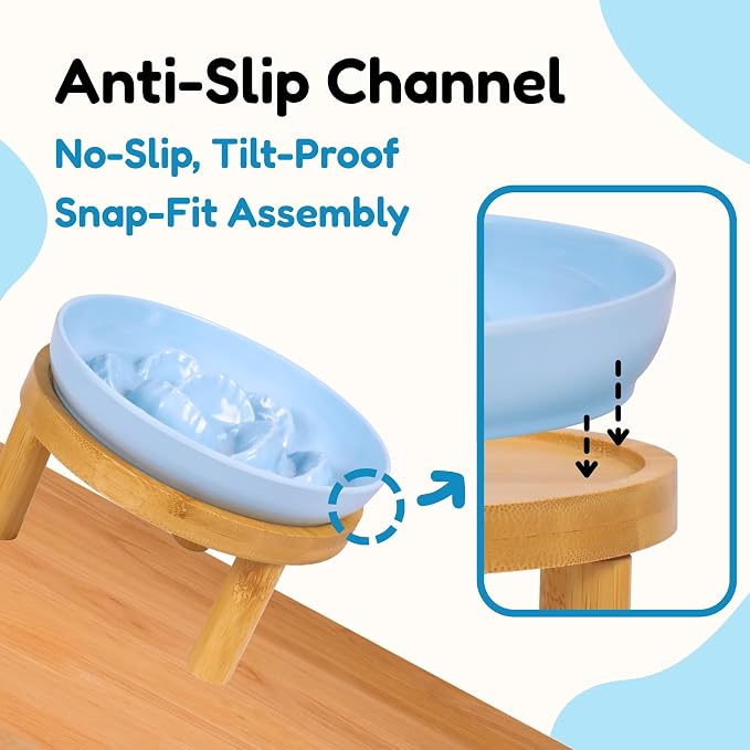 Slow Feeder Bowl, 6.3″ Elevated Cat Bowl with Stand, Melamine Wide Shallow Food Bowl, Whisker-Friendly Raised Plate, Wet Food Feeder for Slow Eating (Blue)