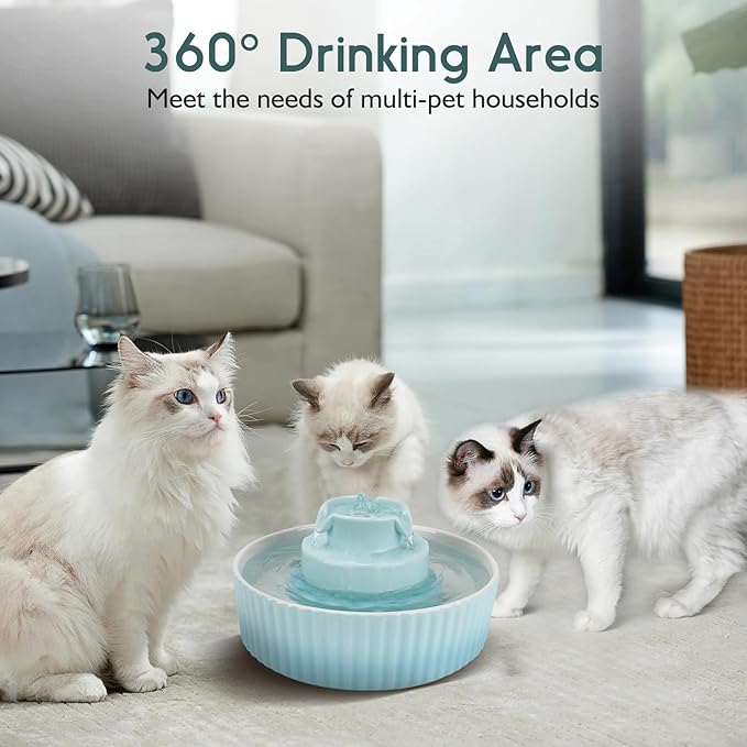Lawfery Ceramic Cat Water Fountain, 2.1L/71oz Cat Fountain with 3 Carbon Filters and 2 Quiet Pumps, Cupcake Pet Water Dispenser for Cats and Dogs (Light Blue)