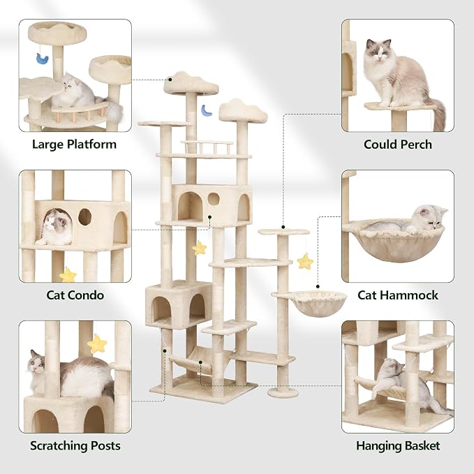Meecal 79inch Heavy Duty Cat Tree for Indoor Cats Large Adult, Tall Giant Cat Tower with Scratching Post, Large Perches, Cozy Cat Condos & Hanging Hammocks, Beige