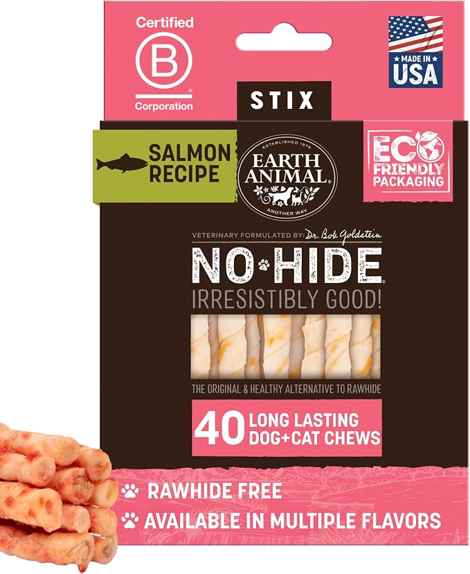 Earth Animal No Hide Stix - Long Lasting Rawhide Free Small Dog Chews Sticks, Salmon - 40 Count Extra Value Pack