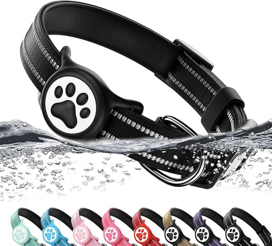 Airtag Dog Collar, Reflective Ultra-Durable Nylon Padded with QR Code Buckle & IP68 Waterproof Air Tag Holder Compatible for Apple AirTag, Comfortable for Small Medium Large Dogs(Black,M)