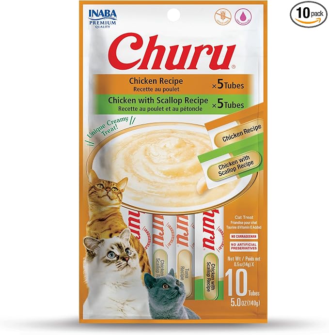 INABA Churu Cat Treats, Lickable, Squeezable Creamy Purée Cat Treat with Green Tea Extract & Taurine, 0.5 Ounces Each Tube, 10 Tubes, Chicken Variety