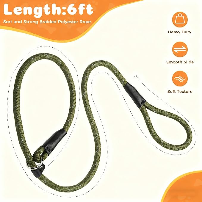 Reflective Slip Leads for Dogs,6FT x 1/2" Dog Leash Heavy Duty Strong Rope Lead for Large, Medium Dogs, No Pull Pet Training Leash(Green, Large(1/2in-6ft))