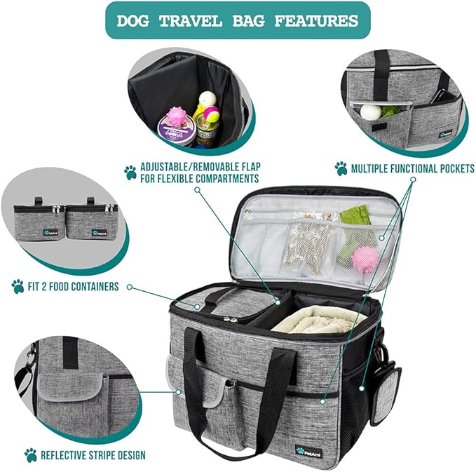 PetAmi Dog Travel Bag Organizer, Pet Travel Kit with 2 Food Containers & 2 Collapsible Dog Bowls, Pet Supplies Tote with Luggage Sleeve, Weekend Road Trip Camping Essentials, Gray, Medium