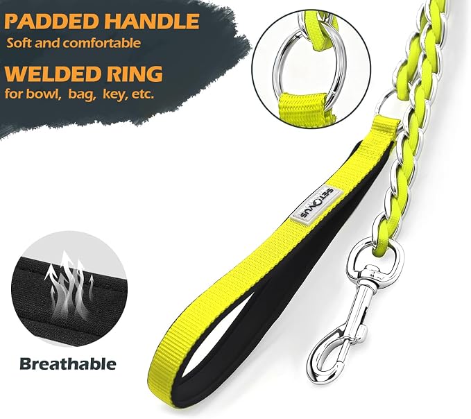 Chain Dog Leash Chew Proof Metal Leash for Medium Large Dogs, Chain Link Dog Anti Chew 5.2FT / 4FT Strong Anti Bite Comfortable Soft Padded Handle (Yellow, 5FT(80-150lb))