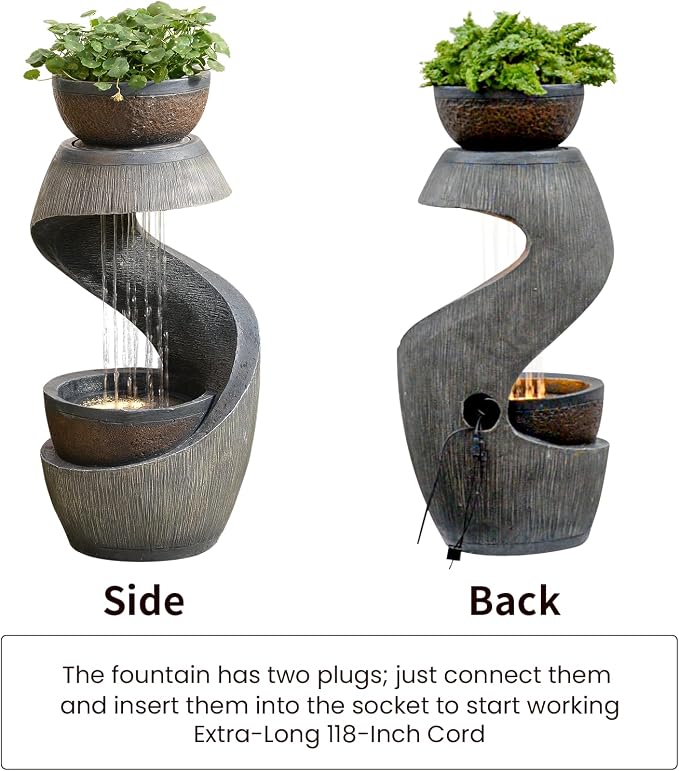 31.9" S-Shaped Outdoor Water Fountain with Lights – Resin Waterfall Fountain Outdoor with Planter Bowl, Modern Grey Garden Water Feature for Patio, Balcony, Yard, Home Decor