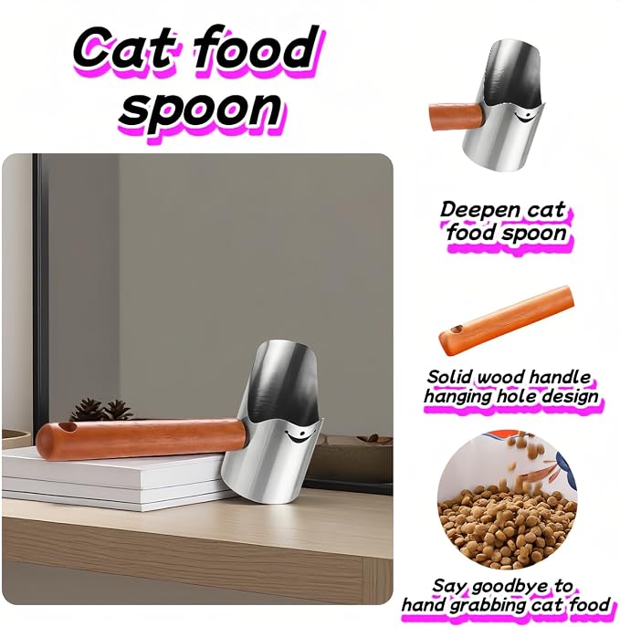 Multi-Pet Food Scoop, Pet Food Measuring Scoop with Wooden Handle,Carbon Steel with Ergonomic Wood Handle, for Dry Food & Treats, Accurate Portion Control for Dog Cat Bird Rabbit. (Grey, Small)