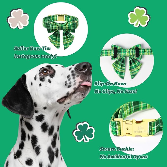 Maca Bates Irish Plaid Dog Collar with Sailor Bow Tie,Shamrock Green Gingham Pattern for Small Girl Boy Dogs,Adjustable Durable Soft Collars Gift for Male Female Puppy