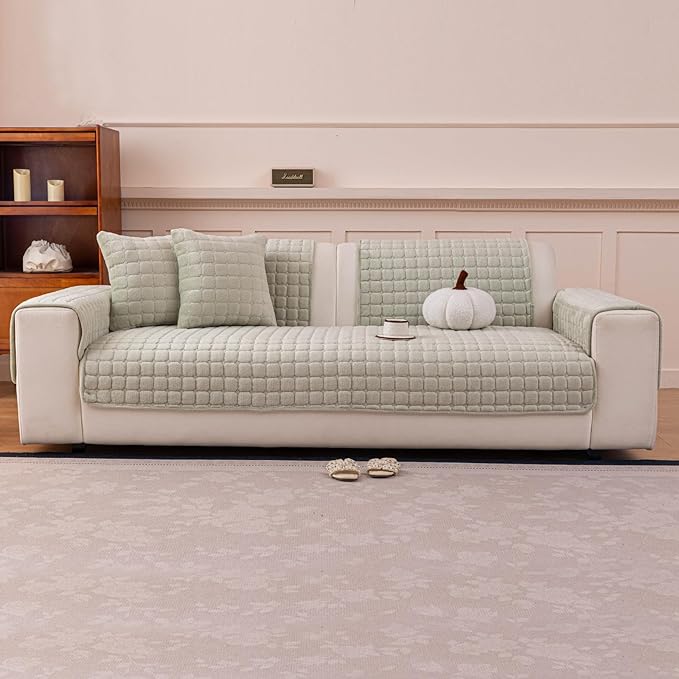 Velvet Couch Cover, Plush Sectional Sofa Cover Washable, Anti Slip Sofa Slipcover for 2-3 Cushion Sofas, Furniture Protector Covers for Pets & Kids(1PC,Sage Green,36"×71")