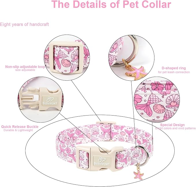 Girl Dog Collar, Summer Pink Mermaid Dog Collars for Small Dogs - Cute Ocean Themed Pup Collar, Soft Adjustable Female Pet Collars with Quick Release Buckle S