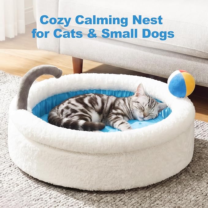 Cat Bed for Indoor Cats, 22" Washable Round Pet Bed for Cats & Small Dogs, Bathtub Soft Fluffy Calming Bed for Kitten and Puppy with Anti-Slip Base