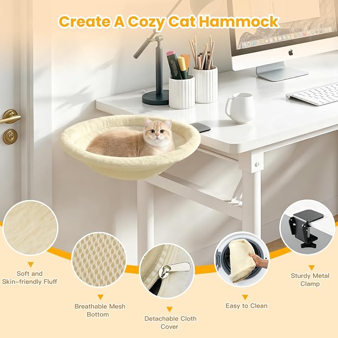 Pawaboo Cat Desk Bed, Sunken Cats Hammock with Steel Clamp Hold up to 40lbs, One-click Foldable Cat Side Table Beds with Soft Plush, Reversible & Washable Hanging Cats Bed for Game Home Desktop, Beige