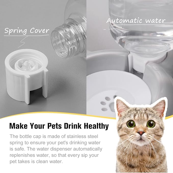 Double Dog Cat Bowls, Cat Food and Water Bowl Set with Auto-Water Dispenser and Stainless Steel Bowl Feeder for Small Size Dogs & Cats, Anti-Slip & Splash Design, Cute Gray
