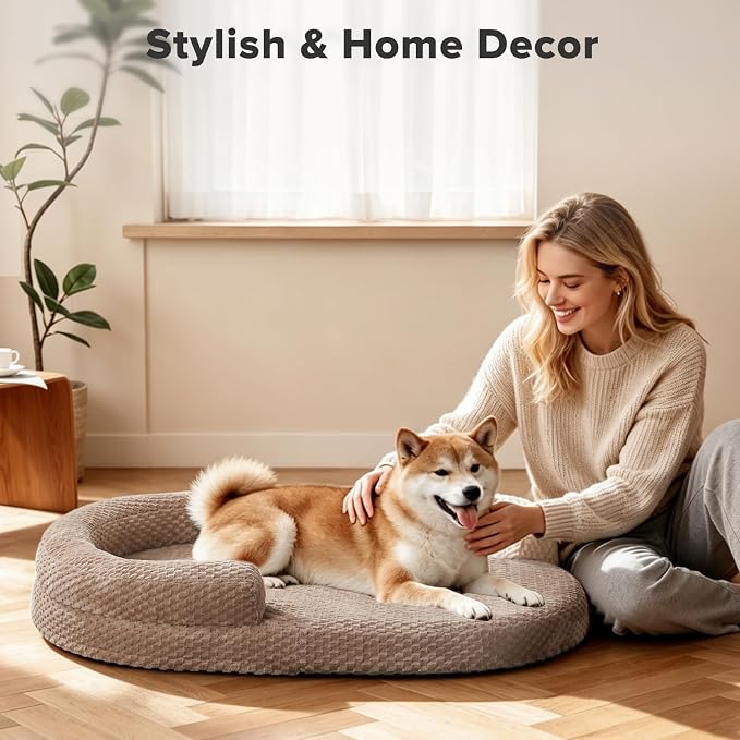 JOEJOY XL Orthopedic Dog Beds Large Sized Dog, Extra Large Washable Waterproof Oval Large Dog Bed with Removable Cover, Egg-Crate Foam Pet Bed with Bolster Sides & Non-Skid Bottom, Brown, 42''x31''