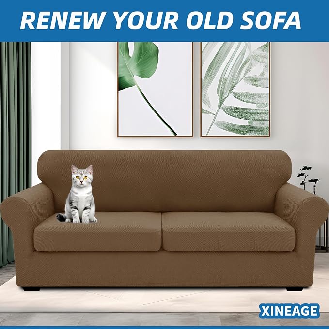 XINEAGE New 3 Pieces Couch Covers for 2 Extra Large Cushion Sofa Super Stretch Sofa Cover for 2 Large Seat Universal Loveseat Slip Cover for Living Room (Brown), 71"-91"(2 Cushions)