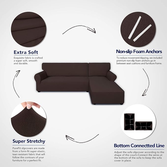 PureFit Super Stretch Sectional Couch Covers - 2 pcs Spandex Non Slip Sofa Covers with Elastic Bottom for L Shape Sectional Sofa Couch, Great for Kids & Pets（3 Seat Sofa + 3 Seat Chaise, Chocolate
