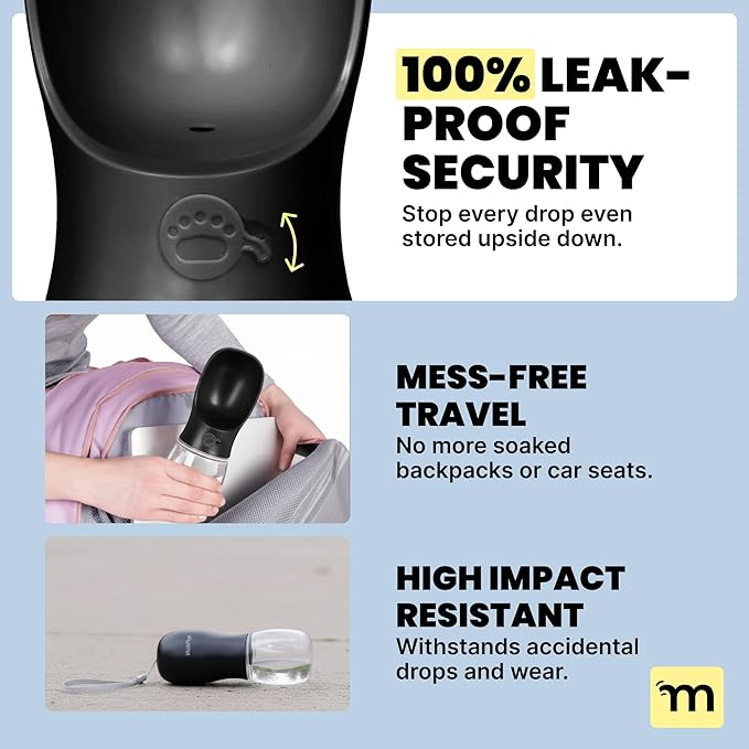 MalsiPree Dog Water Bottle - 19 Oz, Black, BPA-Free - Portable & Lightweight Water Dispenser with Bowl for Dogs - Leak-Proof for Travel, Trail Hiking, Park Visit, Camping & Beach Days
